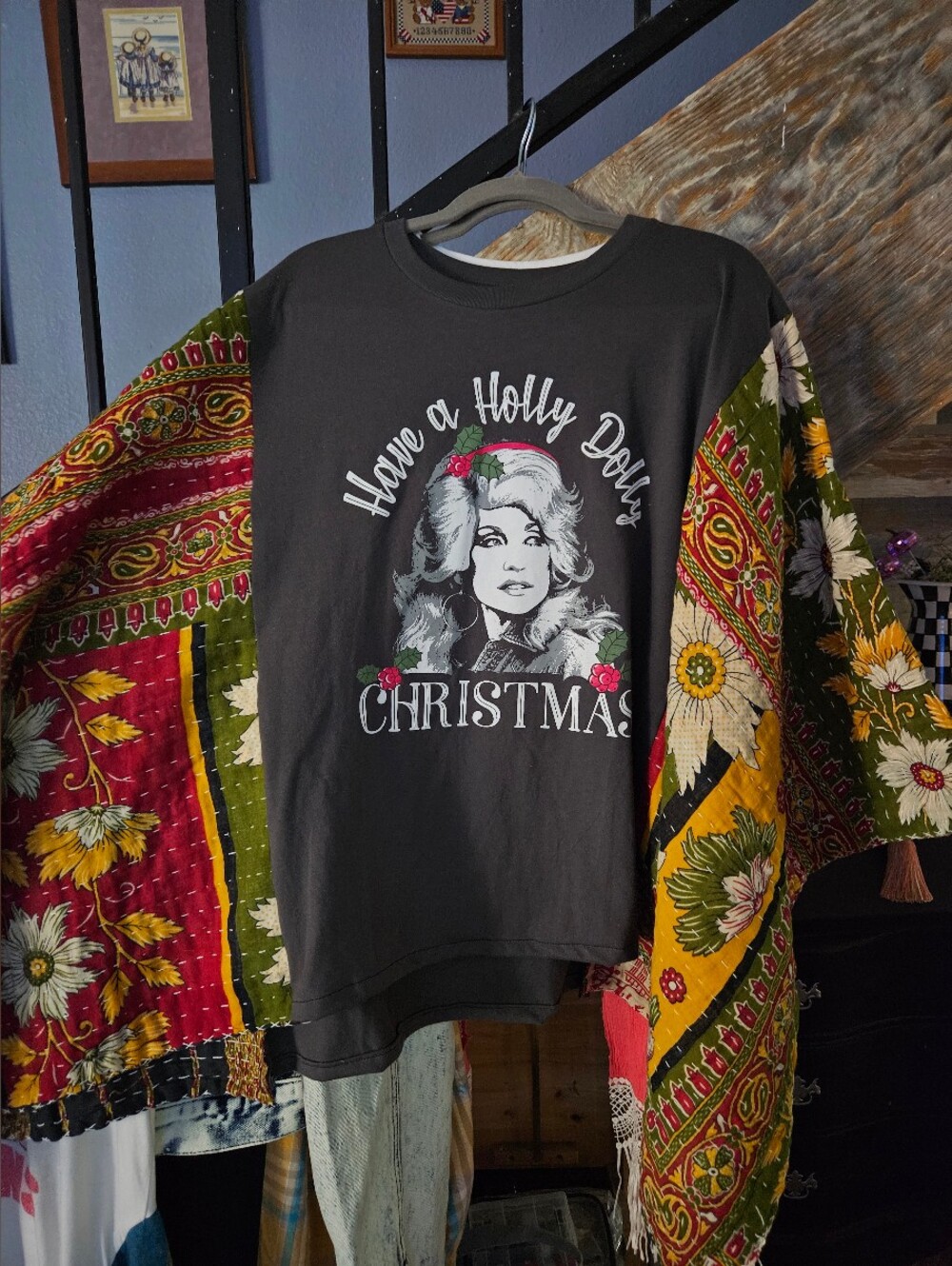 Have a Holly Dolly Christmas Graphic Tee With Kantha Sleeves
